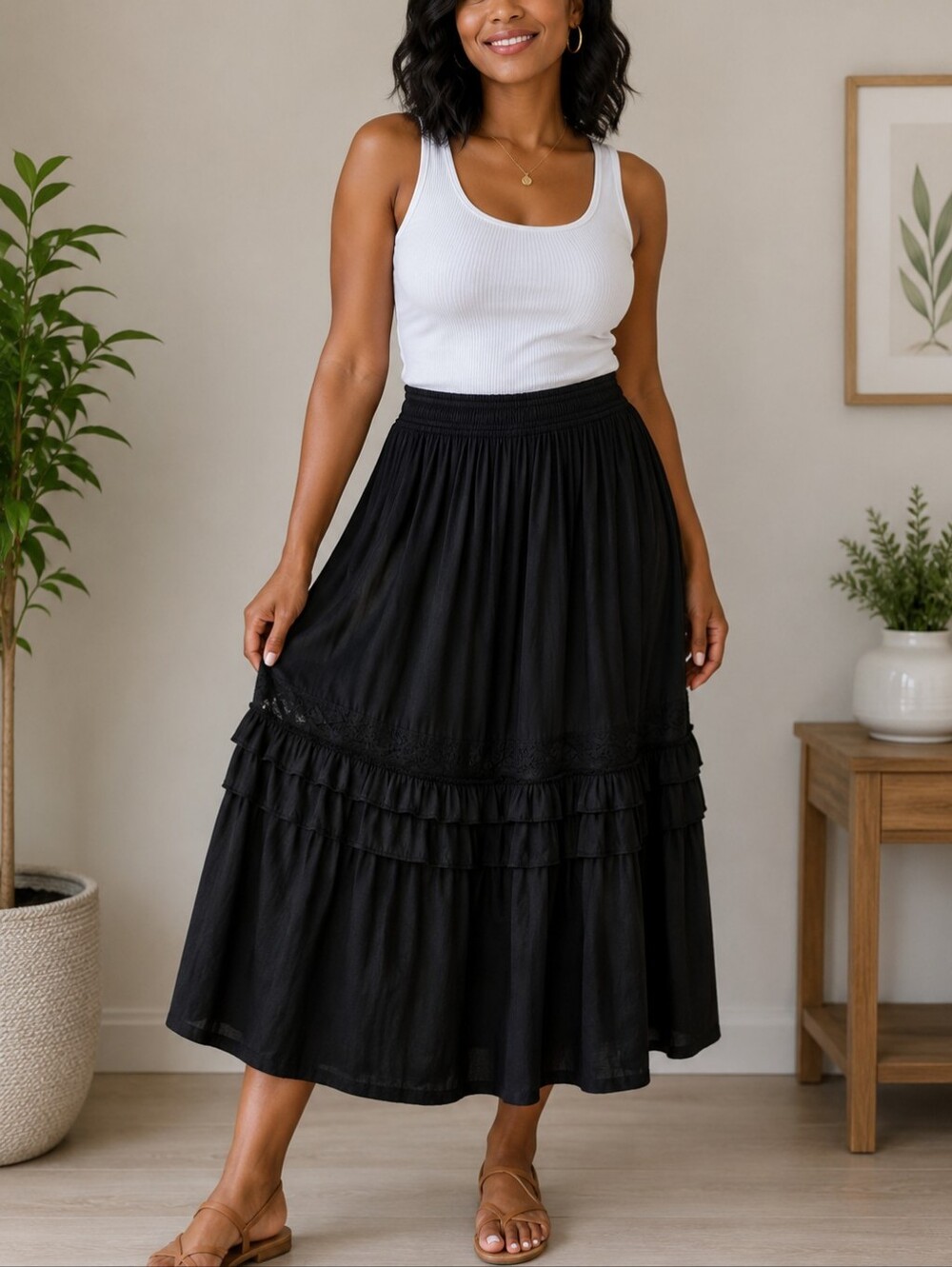 Current Air Women's  Black Tiered Midi Skirt with Ruffle Detail